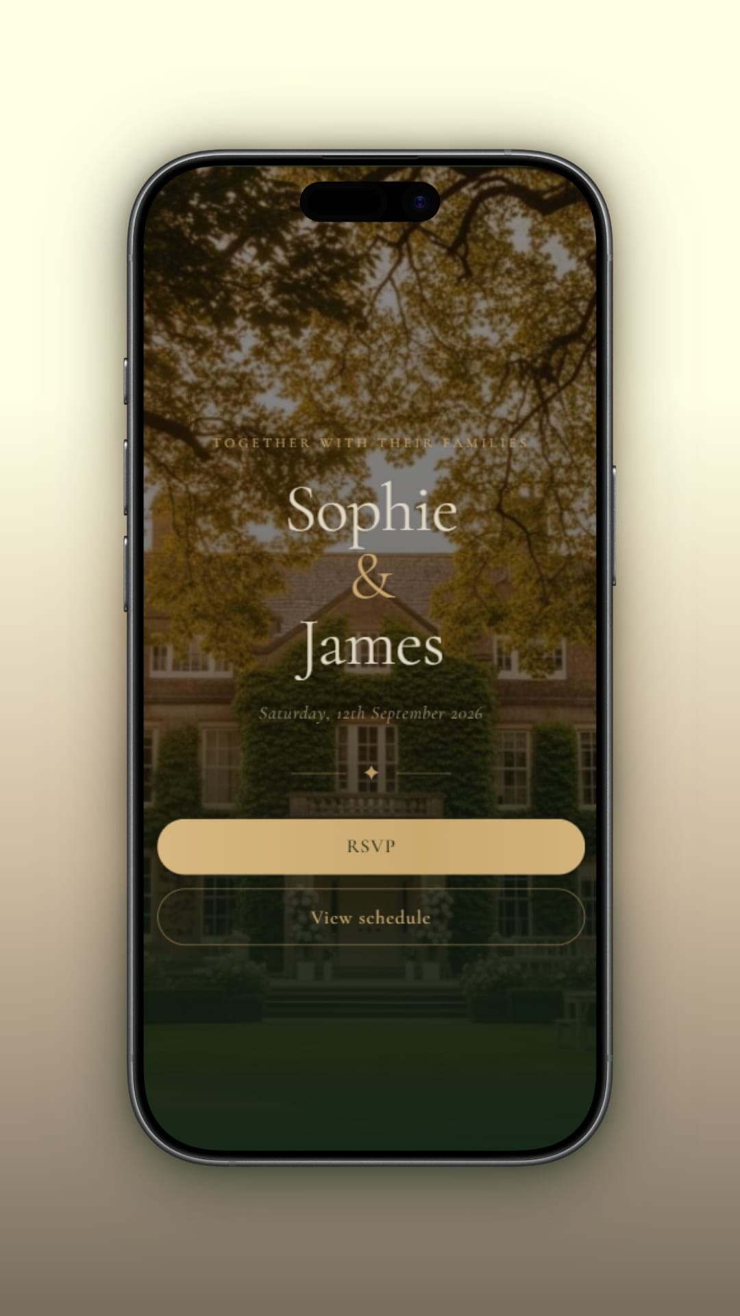 A wedding guest holding a phone showing the Sophie & James wedding page