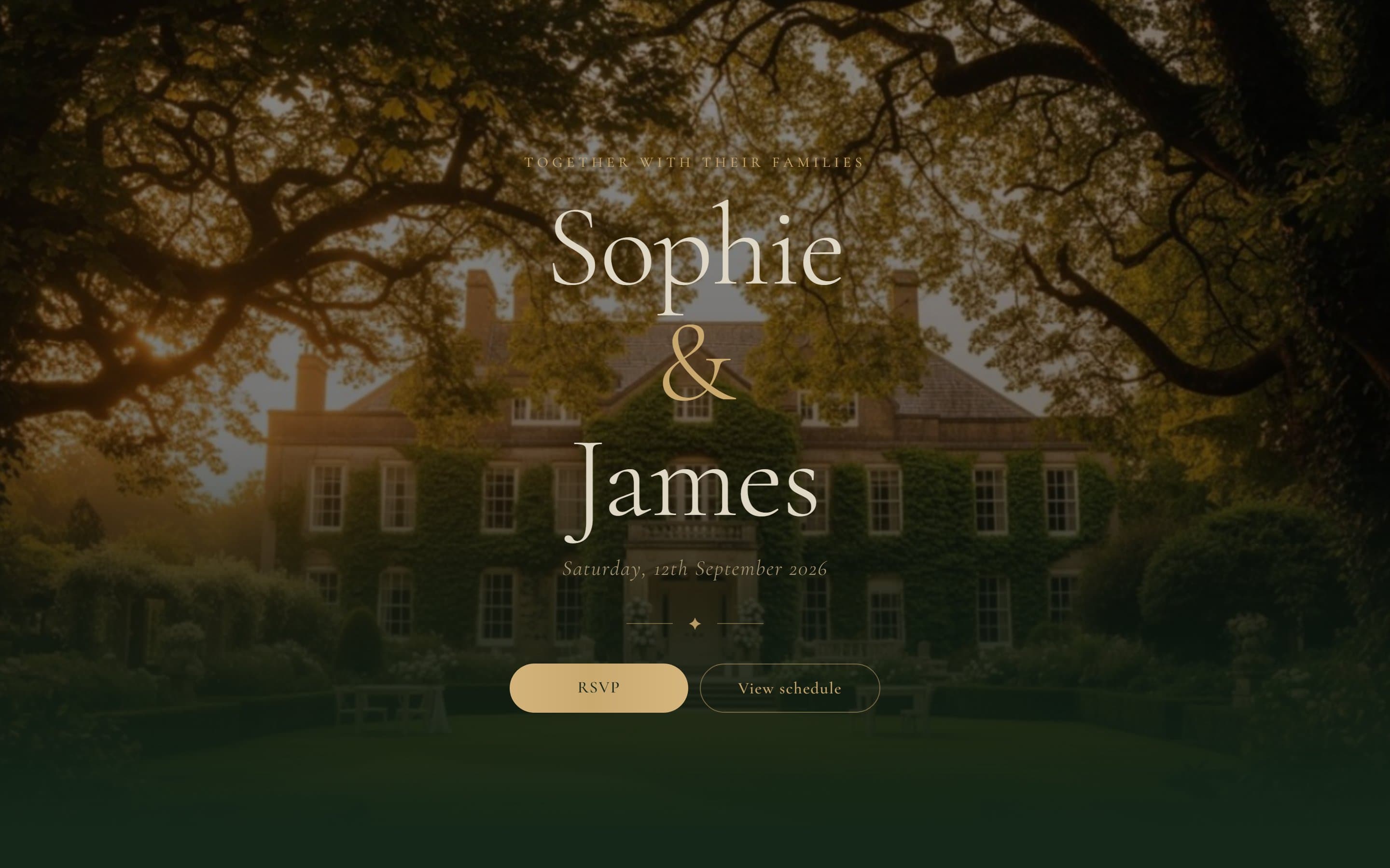 The Sophie and James demo wedding website built with Ode, showing the couple's names and RSVP button over a photo of the venue